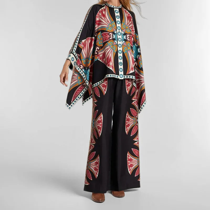 2 Piece Sets Fashion Women's Irregular Geometric Print Pants Sets Long Sleeve Shirts And Wide Leg Pants Stylish Streetwear Suit