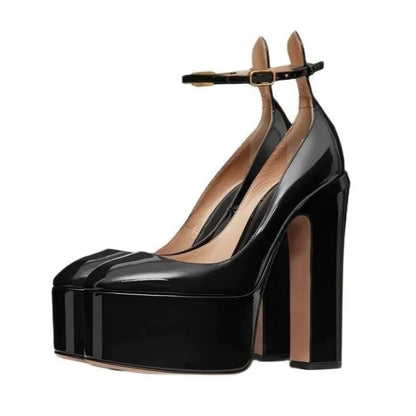 Europe And America Ultra High Heels Platform Women's Sandals Round Toe Crude Heel Female Pumps Patent Leather Lady Single Shoes - Kimlud