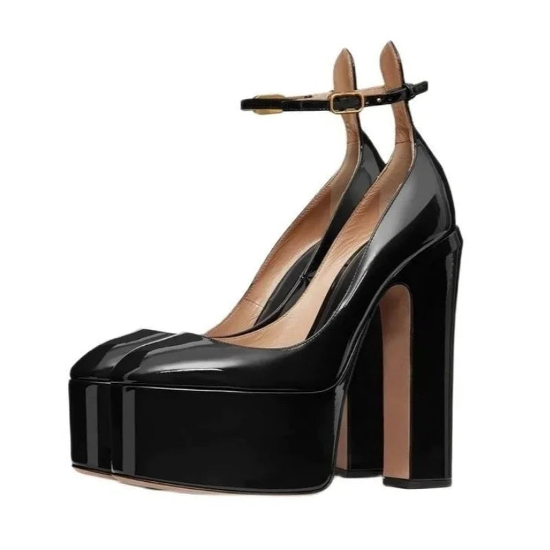 Europe And America Ultra High Heels Platform Women's Sandals Round Toe Crude Heel Female Pumps Patent Leather Lady Single Shoes - Kimlud