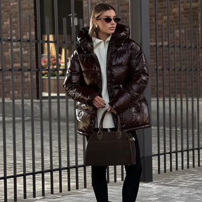 Casual Shiny Hooded Cotton Jackets Women Stand Collar Zipper Drawstring Waist Solid Coat 2025 Winter Lady Chic Warm Outwears New