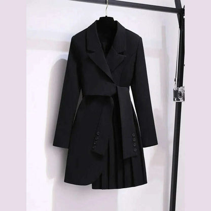 2022 Autumn Office Sashes Bandage Waist Tie Blazer Dress Women Long Sleeve Notched Collar Pleated Irregular Mini Vestidos