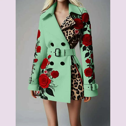 New Women's Spring Rose Leopard Print Suits Spring Office Elegant Slim Long Sleeve Coats Clothing With Belt For Women 2025 White