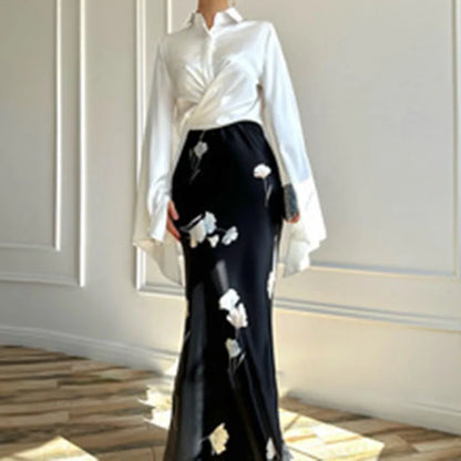 Elegant Blouse Skirt Sets Women Lace Up Lapel Long Flare Sleeve Button Shirts Fishtail Skirt Autumn Suits 2025 New...