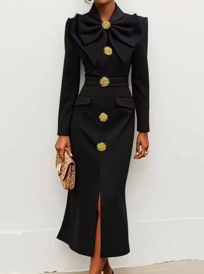 Women's New Formal Evening Dress Bow Tied Buttoned Long Sleeve Slim Long Dress 2026 Autumn Female Elegant Black Party Dresses