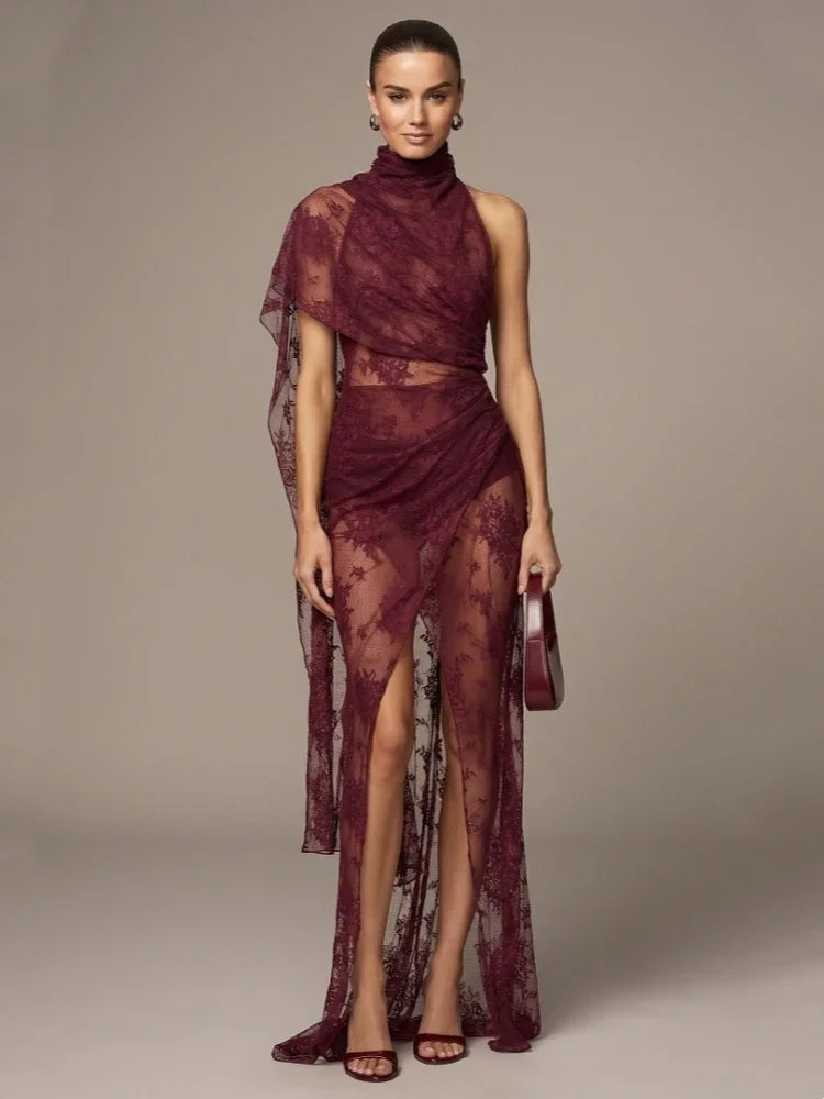 Sexy Backless High Neck See Through Lace Ruched Long Dress Women Burgundy Sleeveless Draped Slim Dresses Evening Maxi Party Gow