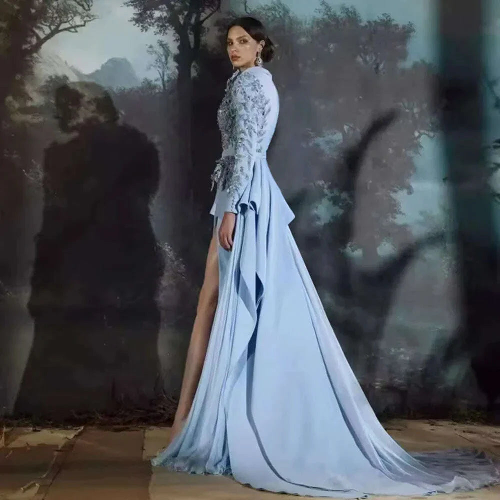 Elgant Feather Wrap Prom Dresses With Belt Hand Made Appliqued Beads Evening Party Gowns 2024 High Side Split Vestidos De Novia