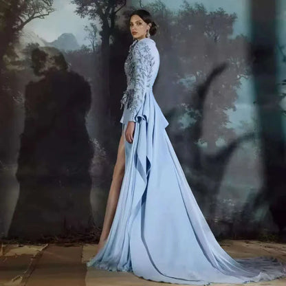 Elgant Feather Wrap Prom Dresses With Belt Hand Made Appliqued Beads Evening Party Gowns 2024 High Side Split Vestidos De Novia