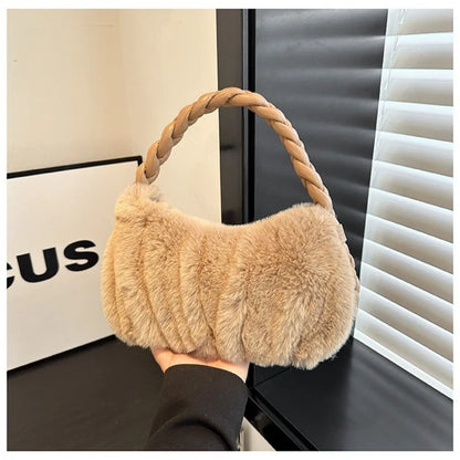Elegant Furry Shoulder Bag Fluffy Soft Plush Handbag Solid Color Zipper Tote Bag
