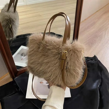 Fairy Handbag Pearl Chain Plush Small Square Bag For Women Fashion Elegant Shoulder Crossbody Bag Autumn Winter Versatile Totes