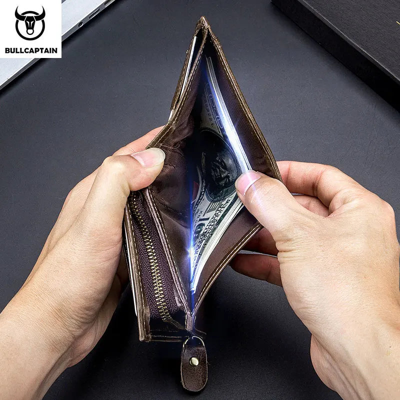 BULLCAPTAIN RFID Blocking Men's Wallet Man Vintage Cow Genuine Leather Wallet Male Handmade Billfold Coin Purse Short Wallet