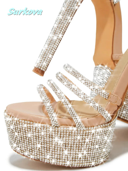 Sparkling Rhinestone Platform Sandals Summer Round Open Toe Thin High Heels Fashion Strappy Stilettos Lace-up Women's Shoes - Kimlud