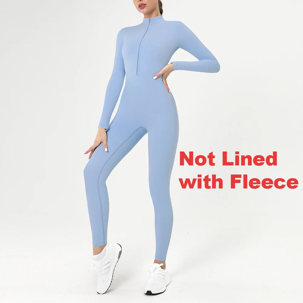 Warm Longsleeve Jumpsuts Women Thickened Sport Overalls Gym Set Zipper Fitness Bodysuits Winter Jumpsuit Workout Tracksuit - Kimlud