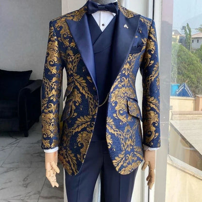 Jacquard Floral Tuxedo Suits for Men Wedding Slim Fit Navy Blue and Gold Gentleman Male Costume Suit Set | Kimlud Luxury Rug