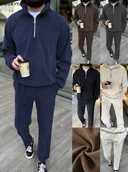 New Men's Corduroy Two Piece Sets Fashion Casual Long Sleeve Sweatshirts and Pants Trend Streetwear Spring Autumn Men Tracksuits