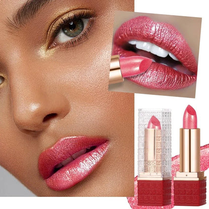 Rose Metallic Lipstick Glitter Lip Glaze Waterproof Long Lasting Moisturize Bright Red Pearlescent Shiny Lipgloss Makeup 6color