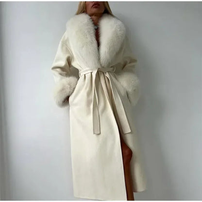 Retro Black Fur Patchwork Woolen Coat Women Chic Full Sleeve V-neck Lace Up Loose Long Overcoat 2025 Lady Winter Commute Outwear