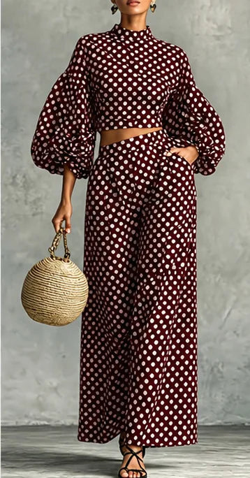 Loose Polka-dot Trousers Suit Autumn Winter Elegant Street Style Lantern Sleeve Long-sleeved Top Wide-leg Trousers Two-piece Set