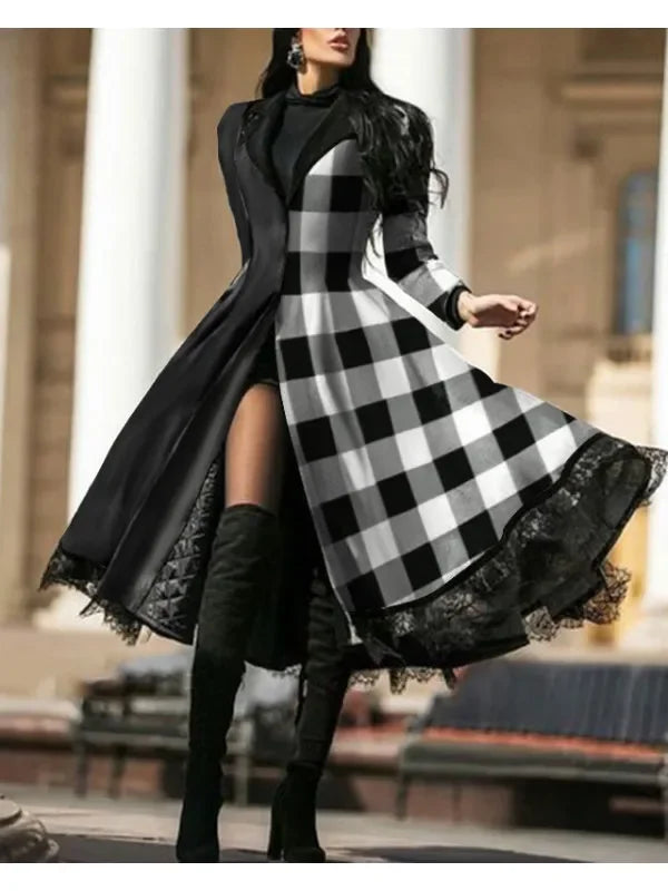 Women Vintage Party Trench Long Sleeve Autumn Splicing Lace Button Coat Female Casual Big Swing Fashion Jackets