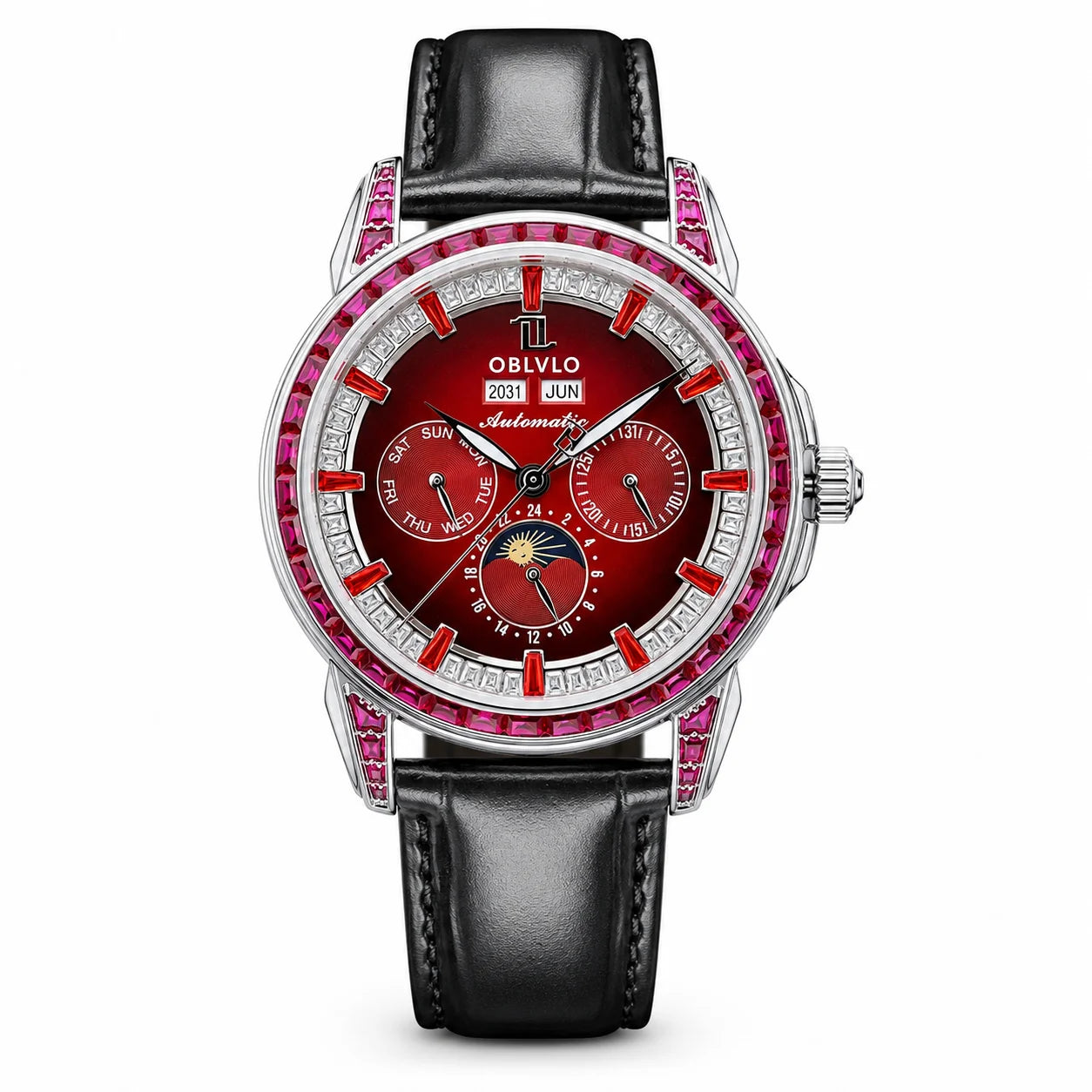 OBLVLO Men's Classic Watch with Colorful Diamonds Bezel Red Dial Mechanical Automatic Moonphase Multifunction Leather Strap GCM-MUT