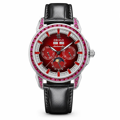OBLVLO Men's Classic Watch with Colorful Diamonds Bezel Red Dial Mechanical Automatic Moonphase Multifunction Leather Strap GCM-MUT