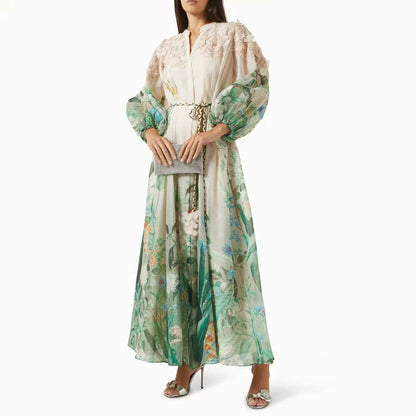 Ele Floral Print Maxi Dr with Single Button Closure And Flower Belt Vaion Wear Polyester Fiber Lantern Sve