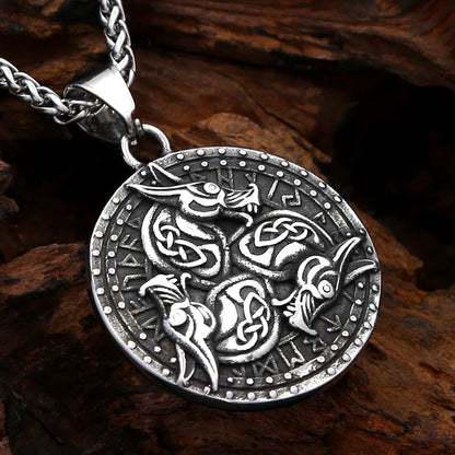 Viking Dragon Pendant Necklace Stainless Steel Round Medallion Celtic Knot Rune Engraved For Men Norse Amulet Daily Wear Jewelry
