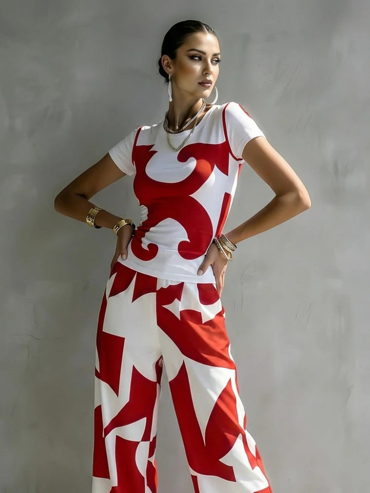 Missuoo Women's Y2K Red White Abstract Swirl Print Fitted Short Sleeve T-shirt Sexy Streetwear Shirts for Clubwear &...