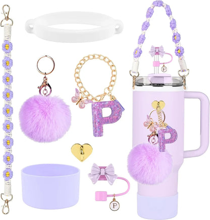 7PCS Accessories Set for Stanley Cup Purple Straw Topper Cup Boot Water Bottle Handle Strap Letter Charms 40oz 30oz Tumbler