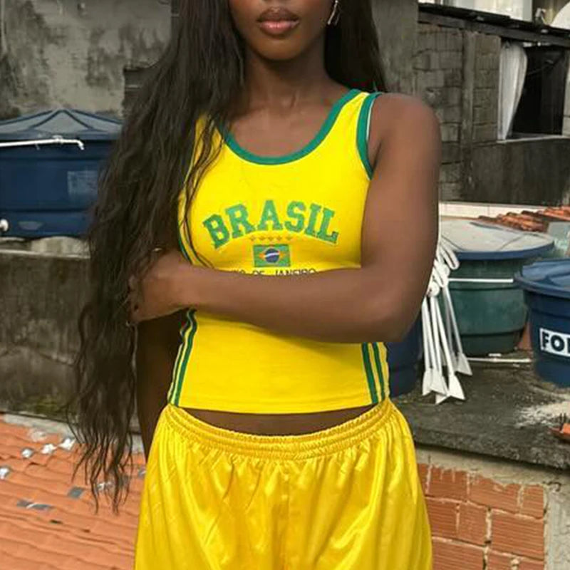 2024 Retro Street Aesthetic Baby T-shirt Women Green Brazil Letters Print Crop Tops Casual Slim Short Sleeve Y2k Clothes E-girls