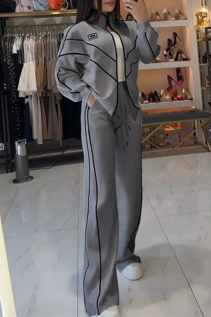 Women Fashion Elastic Waist Lace-up Solid Sport Outfits Casual Long Sleeve Loose 2Pc Set Elegant Zip Sweatshirt & Long Pant Suit - Kimlud