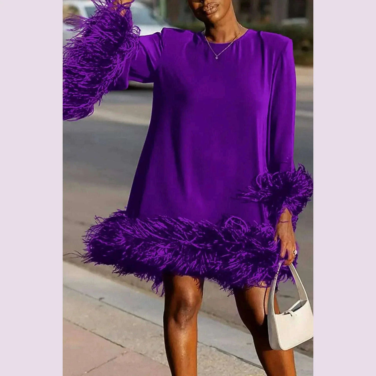 PLUS SIZE Feather Fur Patchwork Mini Dress Elegant Party Long Sleeve Dress Autumn Winter Women Sexy Personality Y2k Vestidos