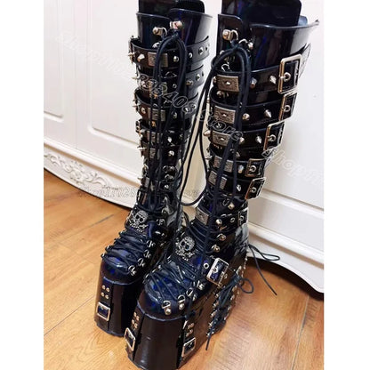 Black High Platform Belt Buckle Boots Round Toe Solid Punk Style for Women Spring Party Lace up Boots 2025 Zapatos Para Mujere