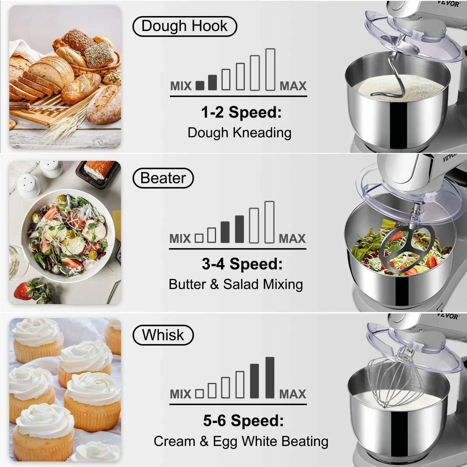 VEVOR 6 IN 1 Stand Mixer 450W Tilt-Head Multifunctional Electric Mixer with 6 Speeds LCD Screen Timing 7.4Qt Stainless Bowl