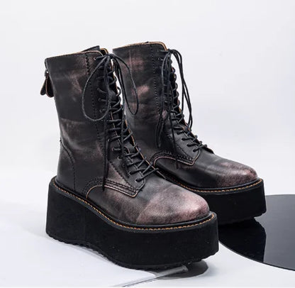 Retro Distressed Motorcycle Boots Women Round Toe Platform Back Zipper Cross Tied Casual Mid Calf Boots Street Style Hottie Boot