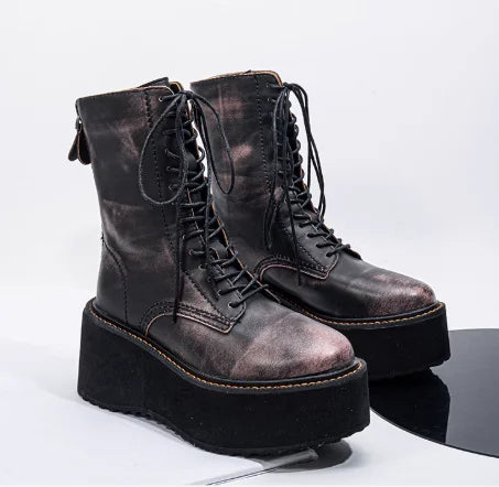 Retro Distressed Motorcycle Boots Women Round Toe Platform Back Zipper Cross Tied Casual Mid Calf Boots Street Style Hottie Boot