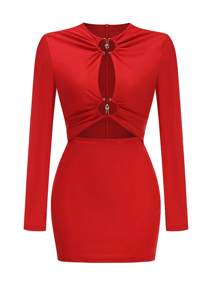 Sexy Long Sleeve O Neck Metal Buckle Ruched Mini Dress Women Red Cut Out Folds Bodycon Dresses Elegant Evening Party...
