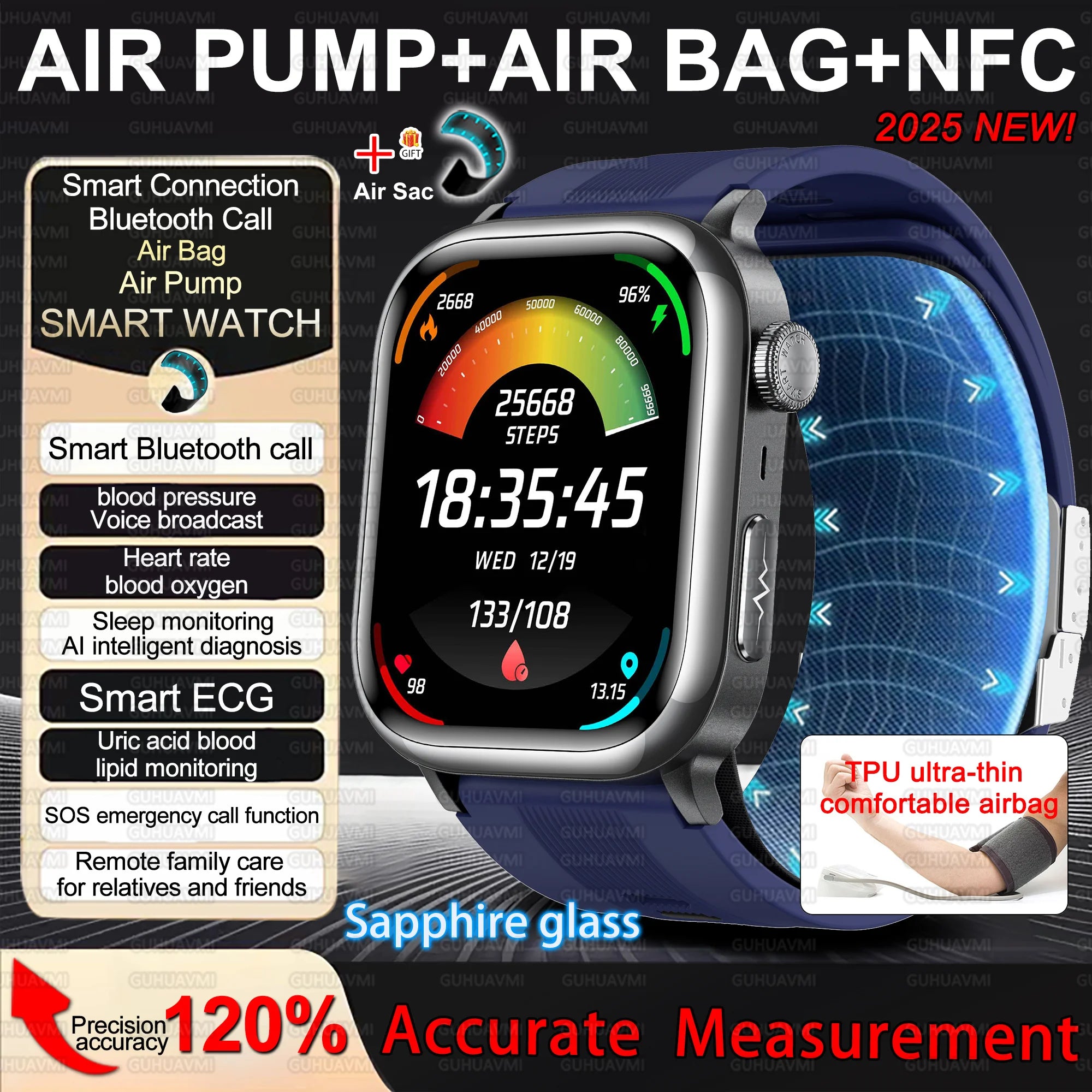 2025New Upgrade Air pump airbag Accurate Blood Pressure Measure Smart Watch ECG+HRV lipids Uric acid AI Diagnosis Smartwatch NFC