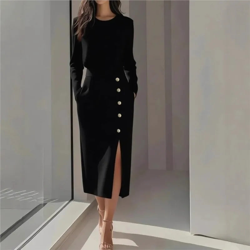 Spring Autumn Fashion O-neck Split Women Dress Elegant Button Solid Evening Dresses New Casual Sleeveless Slim Office Lady Dress