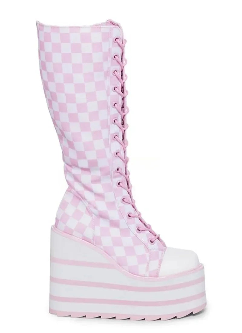 Canvas red Check Platform Knee high Boots Women Metal Chain Round Toe Wedges Cross Tied Lolita Heighten Shoes Lovely Sexy Boots