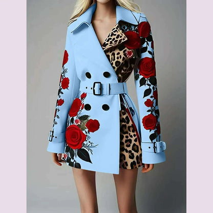 New Women's Spring Rose Leopard Print Suits Spring Office Elegant Slim Long Sleeve Coats Clothing With Belt For Women 2025 White