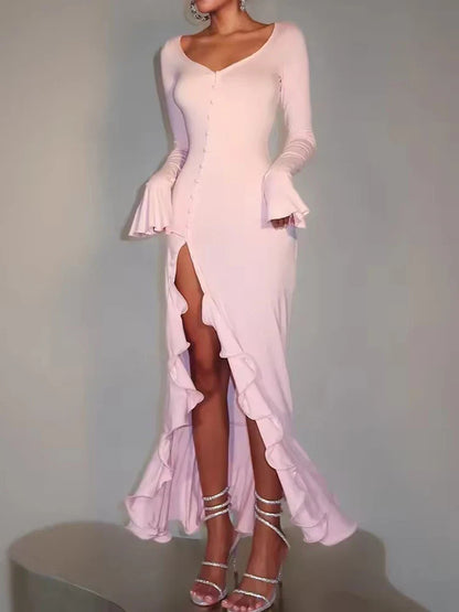 Mozision Flare Long Sleeve Ruffle Sexy Maxi Dress Women Autumn Pink V Neck Single-breasted High Waist Club Long Dresses Female
