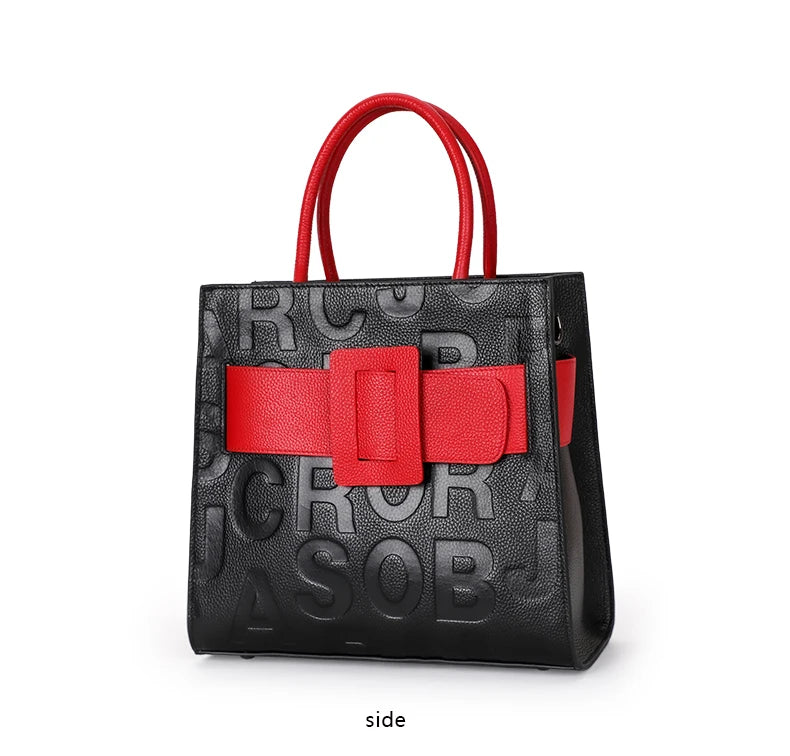 Aidrani  Fashionable women's large capacity handbag with letter print design, made of cowhide material, square, black