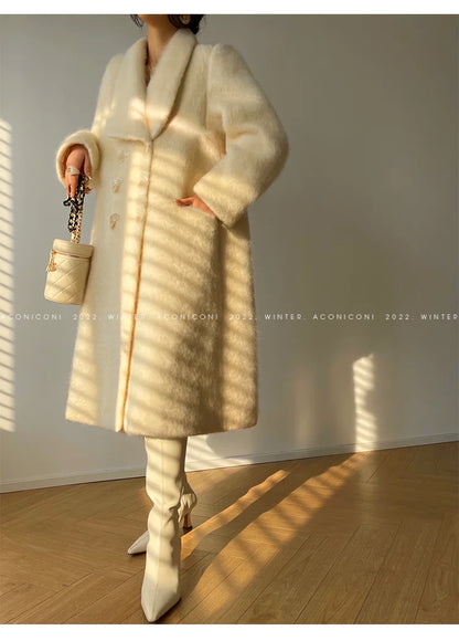 Lautaro Winter Long Vintage White Thick Warm Fluffy Wool Blends Coat Women Double Breasted Elegant Luxury Designer...