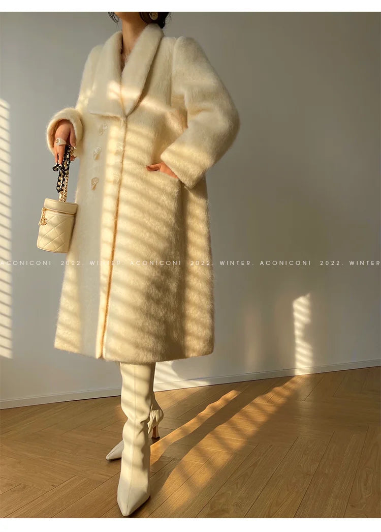 Lautaro Winter Long Vintage White Thick Warm Fluffy Wool Blends Coat Women Double Breasted Elegant Luxury Designer...