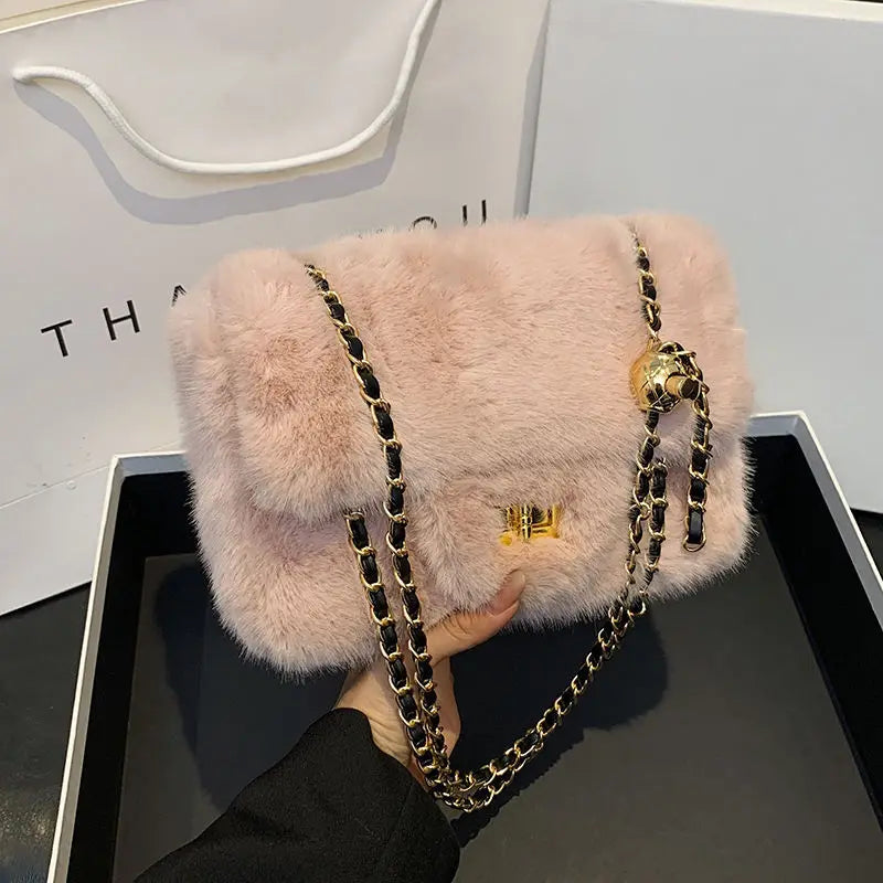 Mini Furry Chain Shoulder Bag for Women New Style Autumn Winter Casual Pure Color Polyester Velvet Lining Crossbody Bag