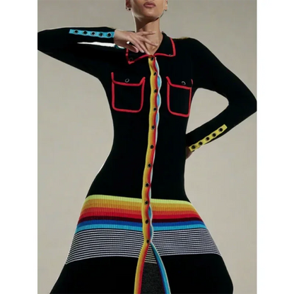 Freeacy Women's Colorful Striped Skinny Dress Lapel Neck Long Sleeves Single-breasted Ankle-Length Dress Autumn Women's Clothing