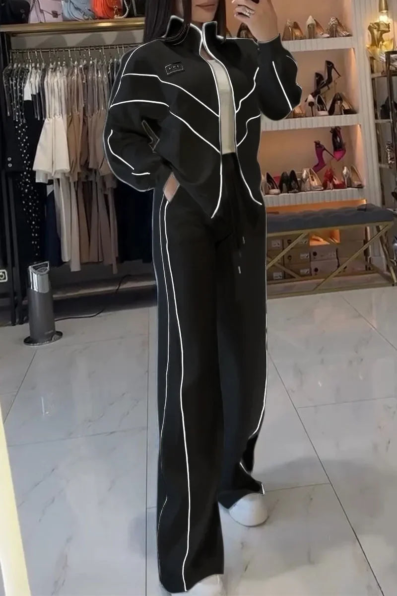 Women Fashion Elastic Waist Lace-up Solid Sport Outfits Casual Long Sleeve Loose 2Pc Set Elegant Zip Sweatshirt & Long Pant Suit - Kimlud