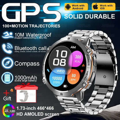 2025New Outdoor Military GPS Compass Smart Watch Men 1.73"HD AMOLED Screen 1000MAH Heart Rate BT Call IP68 Waterproof Smartwat