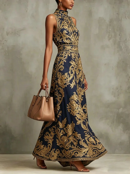 Baroque Print Halter Neck Maxi Dress Sleeveless High Waist A-Line Formal Evening Gown Elegant Vintage Party Dress for Women