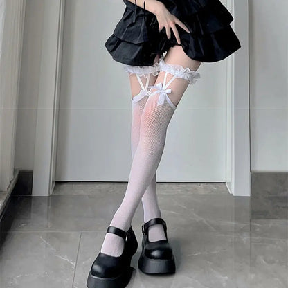 Lolita Socks Stockings Warm Thigh High Lolita Bow Over The Knee Long Tube Socks JK Girl Lolita Net Yarn Cotton JK Stockings - Kimlud